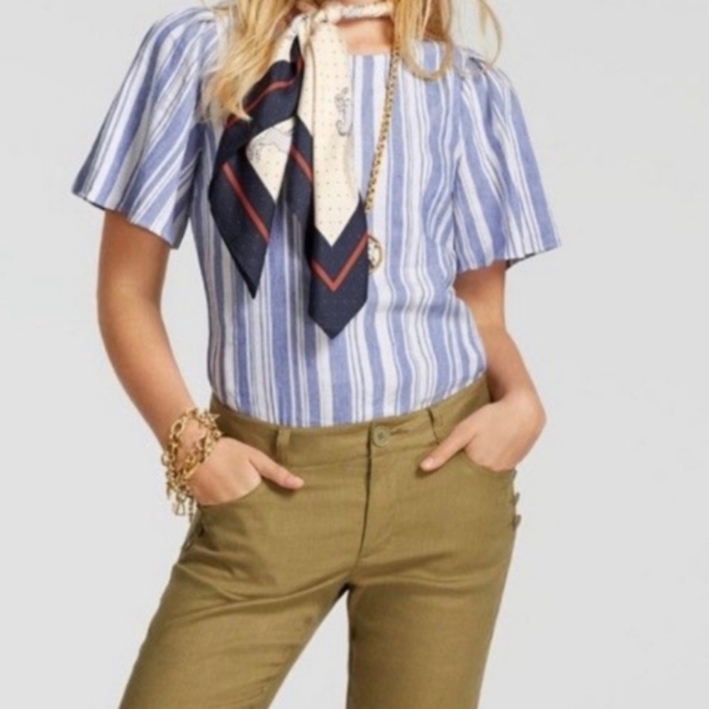 CABI | blue/white striped top | winged sleeve| linen | S